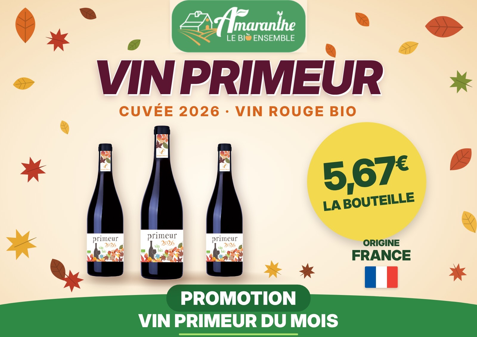 Promotion vin primeur 2026 bio à 5,67 € la bouteille, origine France, chez Amaranthe Montluçon